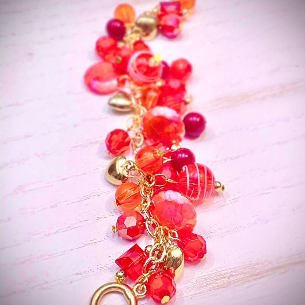 Red and Gold Charm Bracelet with Heart Pendant